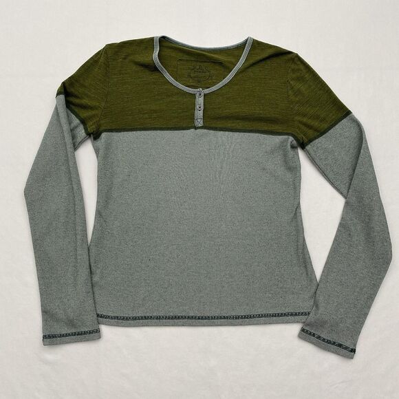 prAna Henley Shirt Womens Large Green Gray Colorblock Long Sleeve Rib Knit - Picture 1 of 8